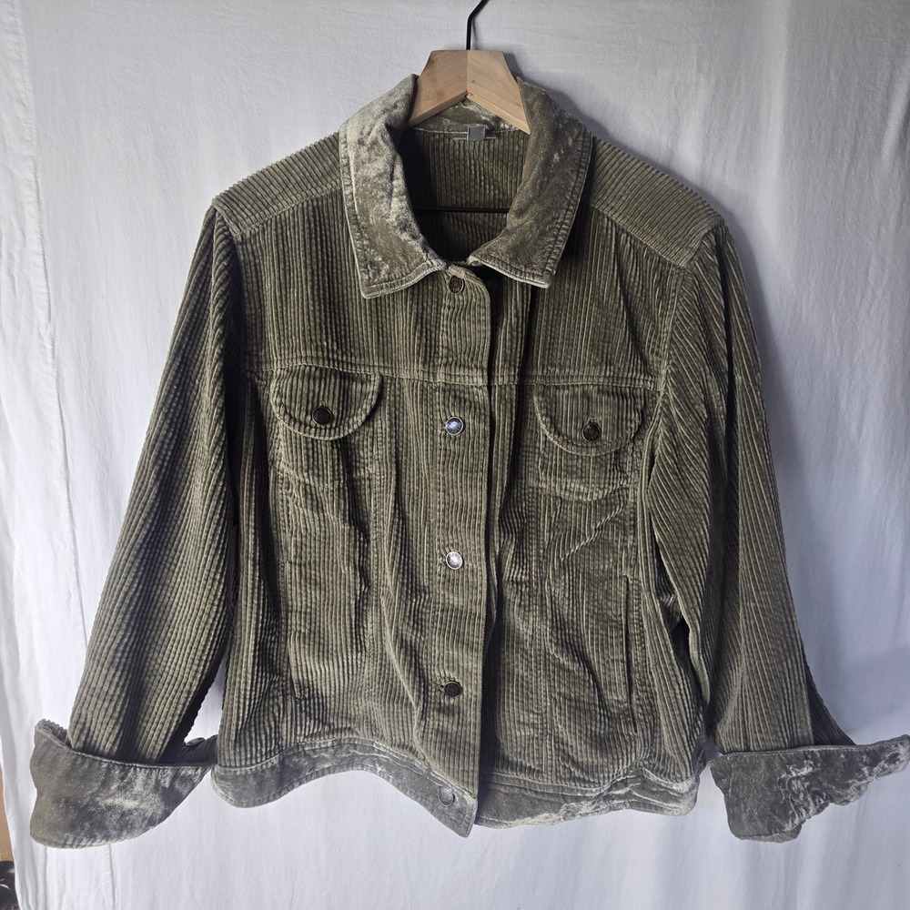 J. Jill Corduroy Button Front Jacket Women 2X Olive Green Cotton Velvet Trim
